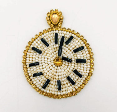 Wall Clock Beaded Applique, Hand Embroidered In White And Gold Beads, Beaded Motif